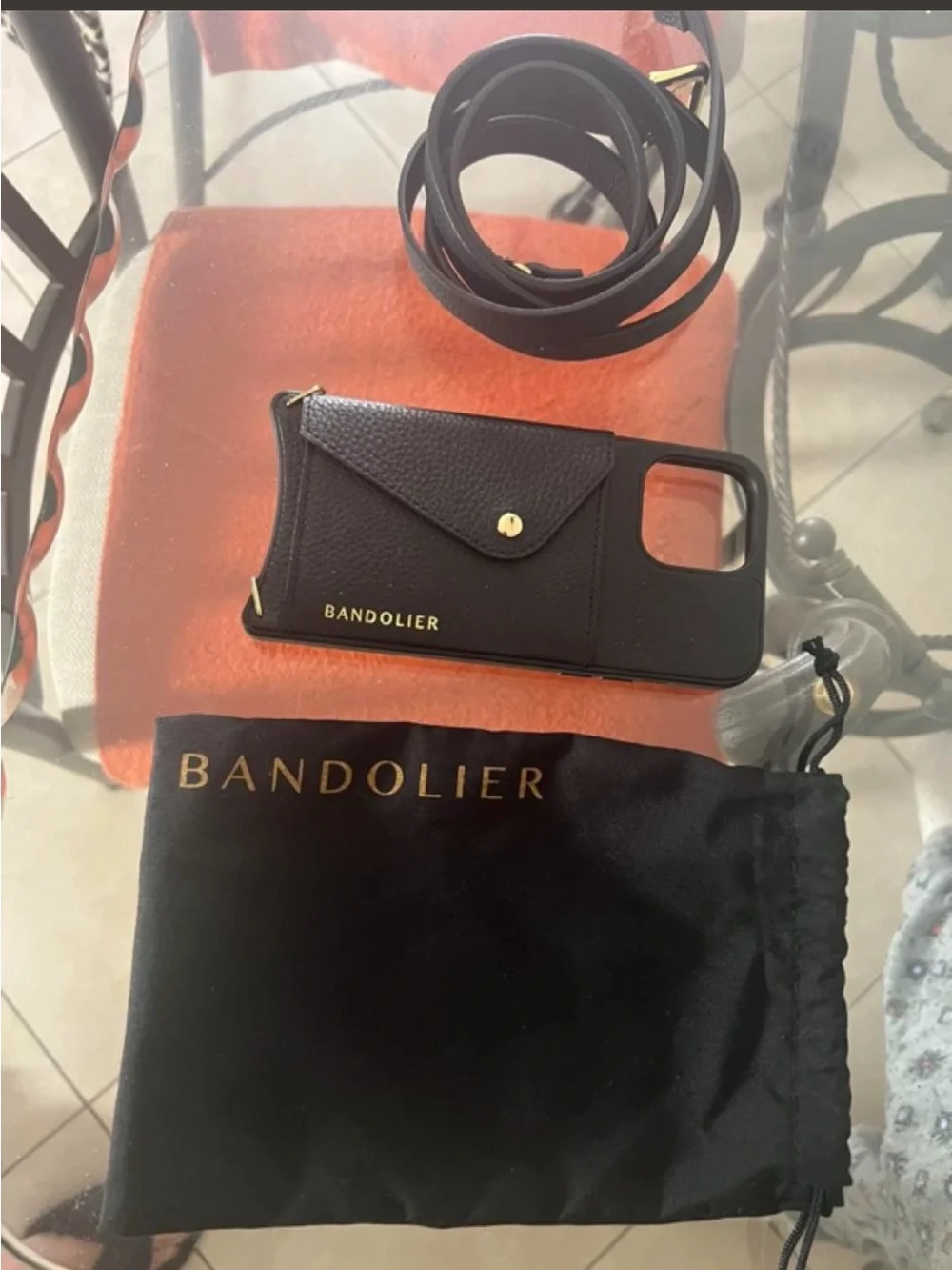 Bandolier Black Leather Cardholder Crossbody Phone Case with Gold Accents